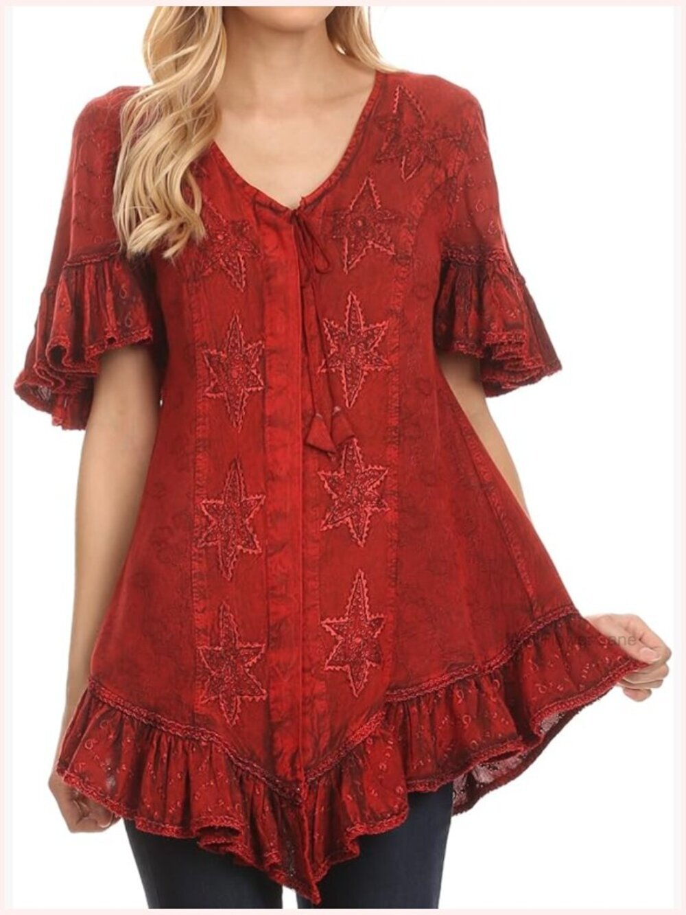 Star Embroidered Blouse with Button Front and Ruffles